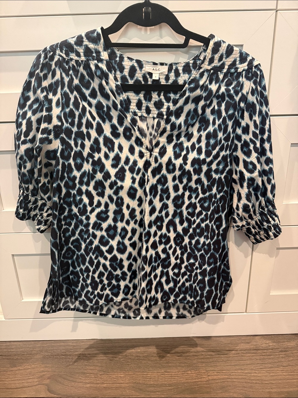 A.L.C. Blue and Black Leopard-Print Silk V-Neck Blouse